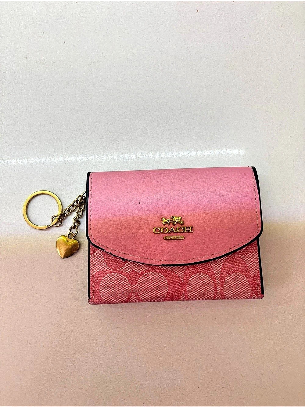 Pink Coach Snap Wallet In Signature Leather With Gold Heart Charm